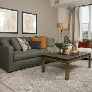 A cozy living room with a gray sofa, decorated with colorful pillows and a wooden coffee table.