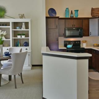A modern kitchen and dining area featuring stylish decor and furniture.