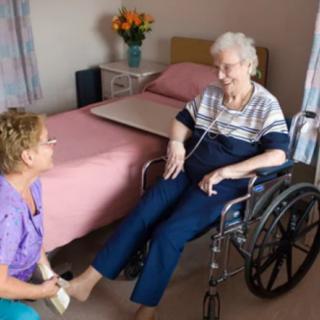 A caregiver assisting an elderly woman in a wheelchair in a room setting.