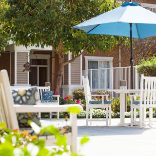 A serene patio area with outdoor furniture, a blue umbrella, and lush greenery.