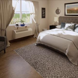 A cozy and well-decorated bedroom featuring a large bed, a patterned rug, and soft lighting from the window.