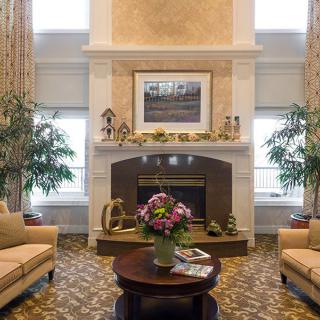 A cozy living room with a central fireplace, elegant decor, and comfortable seating.