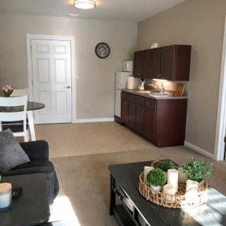 A modern, minimalist living room with a small kitchenette and stylish decor.