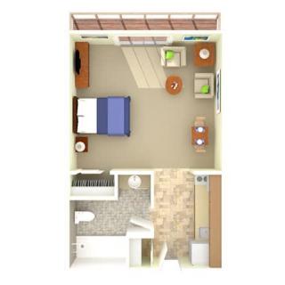 This image displays a compact apartment floor plan featuring a bedroom, living area, and bathroom.