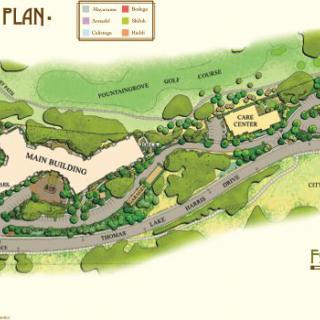 A detailed site plan illustrating the layout of various buildings and landscapes, including a main building and park area.