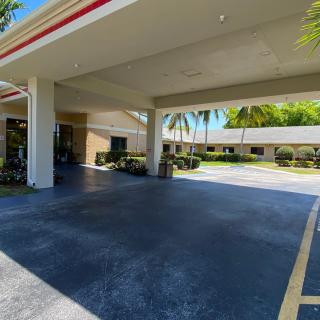 An outdoor view of a building entrance with an awning and surrounding palm trees.