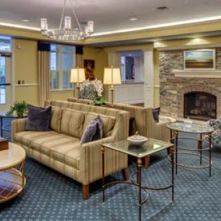 A cozy living room with elegant furniture and a stone fireplace.