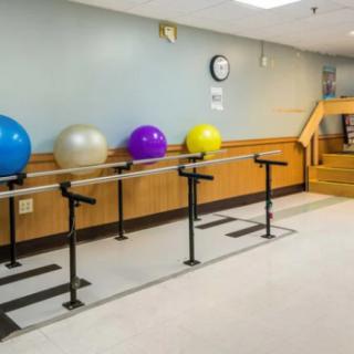 A physical therapy clinic with parallel bars and colorful exercise balls.