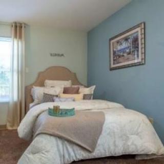 A cozy bedroom with a neatly made bed, featuring a blue accent wall and decorative pillows. A framed artwork hangs above the bed.