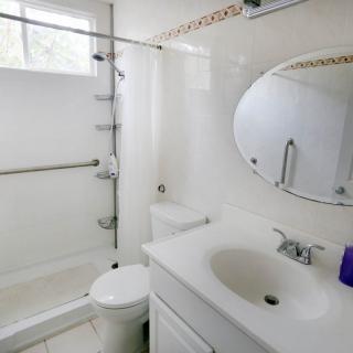 A clean and modern bathroom with a shower, sink, and toilet.