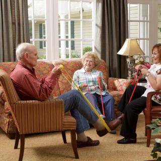 A group of seniors exercising with resistance bands in a living room setting.