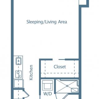 Studio apartment floor plan layout with kitchen, sleeping/living area, closet, and washer/dryer.