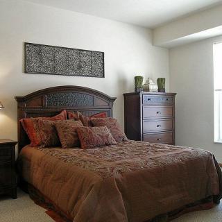 A cozy bedroom with a wooden bed frame, matching dresser, and warm earthy tones.