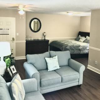 An open-concept living area featuring a cozy gray sofa and a bed in the adjoining space.