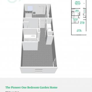 3D floor plan of a two-bedroom garden home.