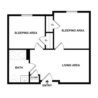 A floor plan of an apartment with two sleeping areas, a bathroom, living area, closet, and entry.