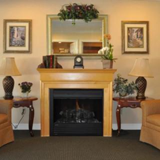 A cozy living room with a fireplace, mirror, and elegant decor.