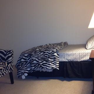A bedroom with zebra print bedding and a matching chair, featuring a lamp on a bedside table.