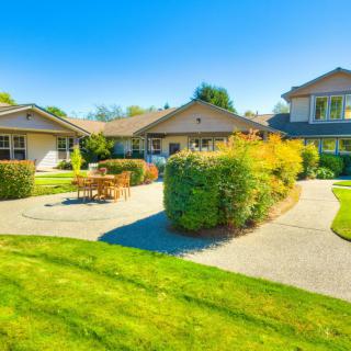 A bright, sunny day in a suburban residential area with well-maintained lawns and gardens.