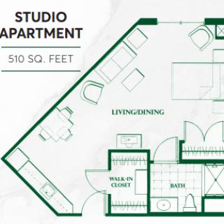 Floor plan of a 510 sq. feet studio apartment.
