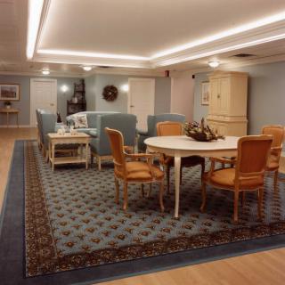 A well-lit living room featuring elegant furniture and a patterned carpet.