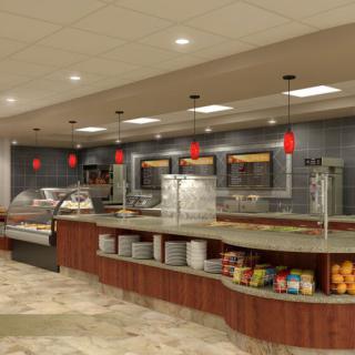 A modern cafeteria interior with a long counter and stylish lighting.