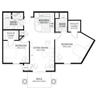 A floor plan of a multi-bedroom apartment with two bathrooms, living area, kitchen, and balcony.