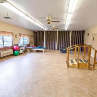 A well-equipped rehabilitation room featuring colorful exercise balls and wooden stairs for therapy activities.