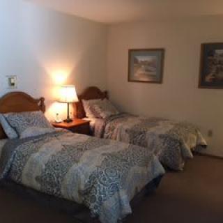 A cozy bedroom with two twin beds, a nightstand with a lamp, and decorative paintings on the wall.