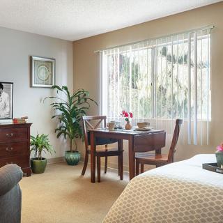 A cozy bedroom with natural light illuminating a small table and chairs next to a window, surrounded by plants and warm decor.