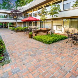 A courtyard with brick paving, outdoor seating, tables, and umbrellas surrounded by greenery.