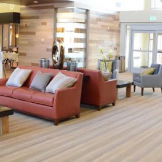 A modern lobby with comfortable seating and stylish interior design.