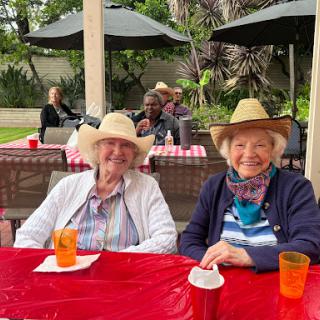 Two friends enjoying a sunny day outdoors, wearing cowboy hats and sharing laughs.