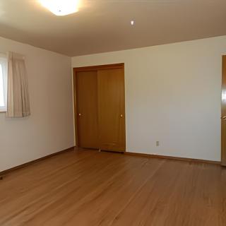 An empty room with wooden flooring and white walls, featuring a ceiling light and closet doors.
