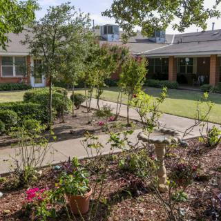 A beautifully landscaped garden with a pathway and various plants and trees.