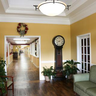 A well-lit hallway featuring a vintage clock, greenery, and comfortable seating.