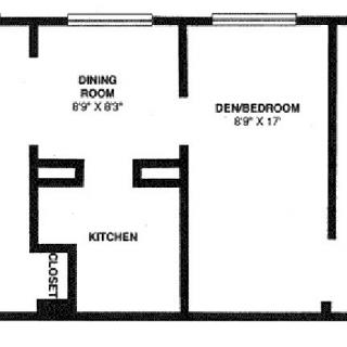 A floor plan showing the layout of a dining room, den/bedroom, kitchen, and closet.