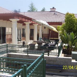 A sunny outdoor patio with tables and chairs, surrounded by greenery.