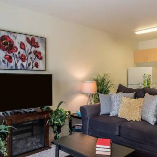 A cozy living room with a couch, television, and decorative artwork.