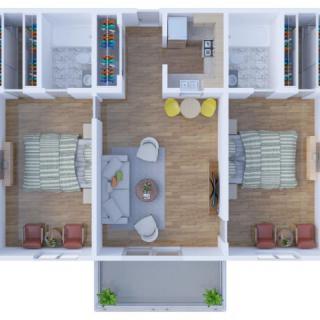 3D floor plan of a two-bedroom apartment with a shared living area and kitchen.