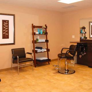 A cozy salon interior featuring a styling chair, shelves, and wall art.