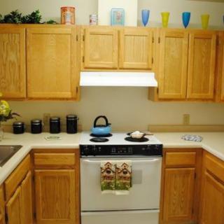 A cozy kitchen with wooden cabinets, a stove, and decorative items on the countertops and shelves.