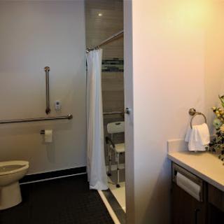 A clean and modern bathroom featuring a toilet, shower, and sink with accessibility features.