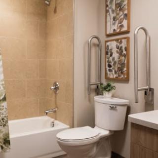 A modern bathroom featuring a bathtub, toilet, and stylish decor.