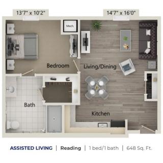 An assisted living floor plan featuring a one-bedroom apartment with a bathroom, kitchen, and combined living/dining area.