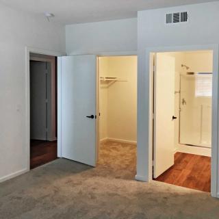 An empty bedroom with a closet, white walls, and carpeting.