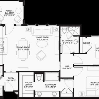 A detailed floor plan of an apartment, showing the layout of different rooms and spaces.
