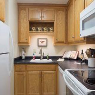 A cozy modern kitchen with wooden cabinets and essential appliances.