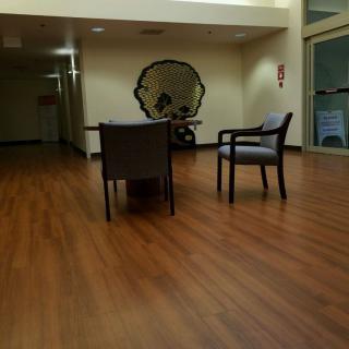 A quiet waiting area with two chairs on a wooden floor.