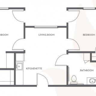 A floor plan of a small apartment featuring two bedrooms, a living room, a kitchenette, and a bathroom.